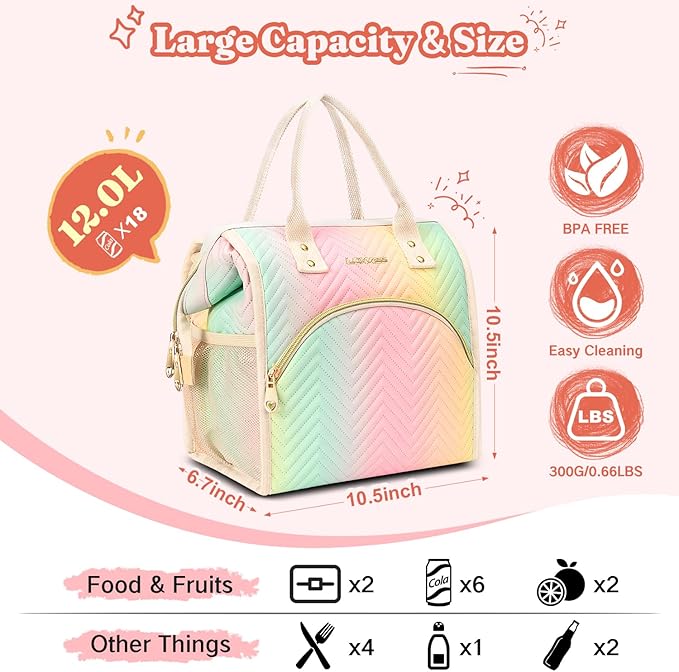 Lunch Bag Women Insulated Lunch Box Wide-Open Lunch Tote Bag Large Drinks Holder Durable Nylon Thermal Snacks Organizer for Men Adults Work Picnic Hiking Beach Fishing, Pink Wavy