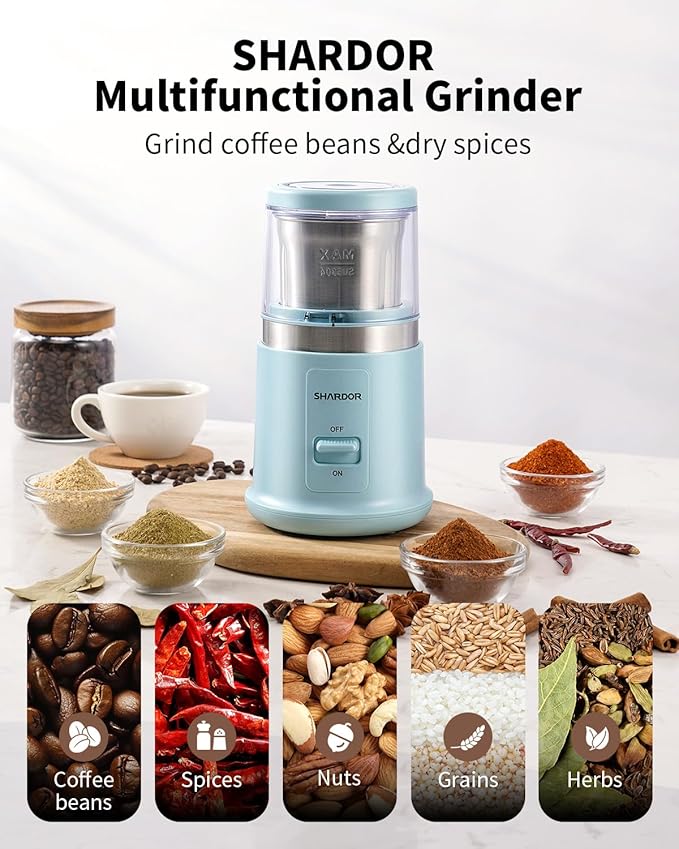 SHARDOR Quiet Coffee Grinder Electric, 70g Removable Bowl Spice Grinder for Coffee Beans, Seeds and Grains, Super Silent Grinding Mill with 60dB Low Noise, 2.5oz Capacity, Blue