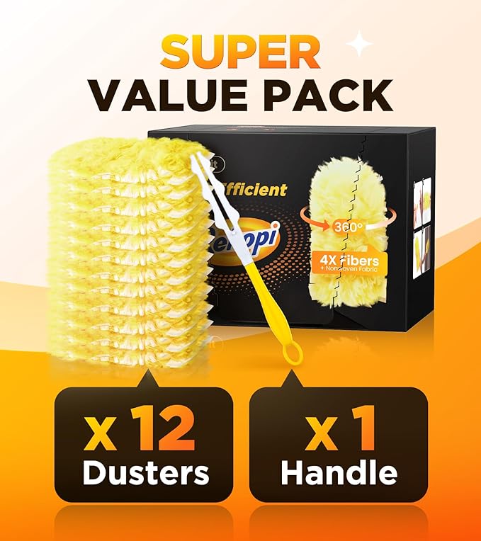 Heavy Duty Duster Refills for Swiffer Duster, 12 Count Duster Refills with 1 Handle, Multisurface 360° Dusters with 4X Microfibers, Unscented Disposable Dusters for Cleaning