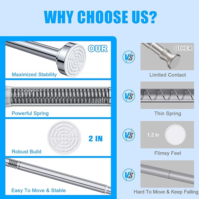 TEECK Shower Curtain Rod, 32-68 inch Adjustable Spring Tension Curtain Rod, Never Rust Anti-Slip Shower Curtain Rod for Bathroom, No Drilling, Never Collapse, Easy to Use, Silver