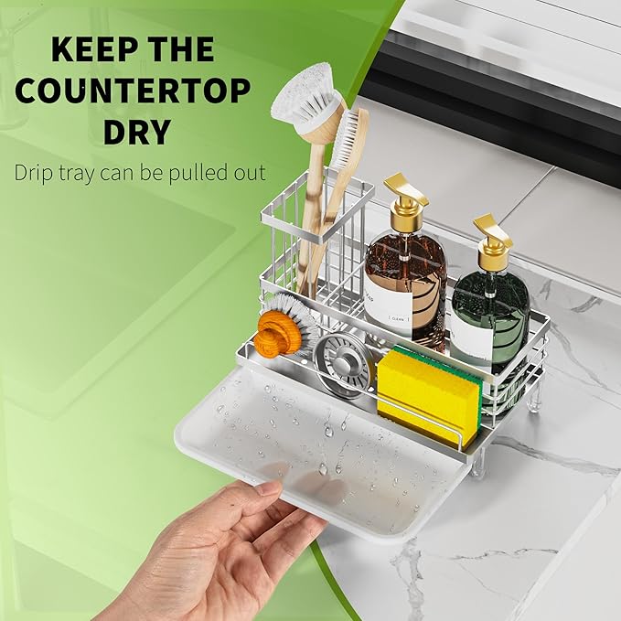 Cisily Stainless Steel Kitchen Sink Caddy Organizer, Sponge Holder for Sink Rustproof, Non-Slip Soap Dish Dispenser Brush Holder Storage, Home & Kitchen Essentials Accessories (Stainless Steel)