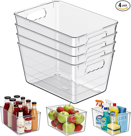 KJIXYUNG Clear Plastic Storage Bins, 4-Pack Stackable Pantry Organizers and Storage Containers for Kitchen, Fridge, Cabinet and Closet Organization - Home Essentials