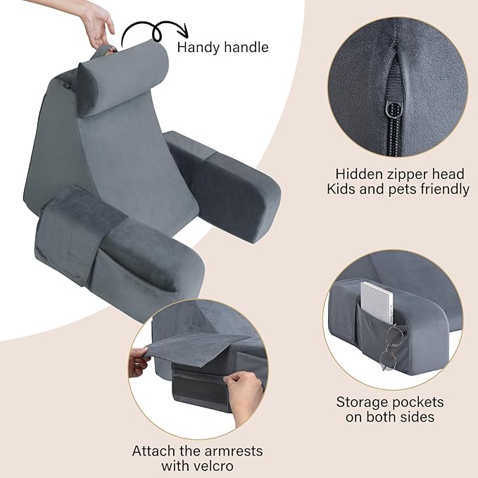 ENITYA Reading Pillow for Kids/Teens/Adults, 17" Back Pillow for Bed Sitting up, Bed Rest Pillow with Arms, Back Support Pillow for Watching TV/Reading/Resting, Dorm Room Essentials, Standard (Grey)