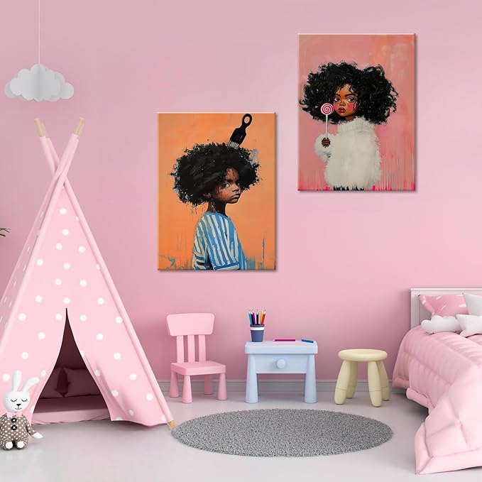 Black Kids Wall Art - Afro American Children Canvas Prints, Modern African American Portrait Paintings for Girls Bedroom, Cute Black Girl Nursery Art, Cultural Wall Decor， Framed12 x 16inches X2piece