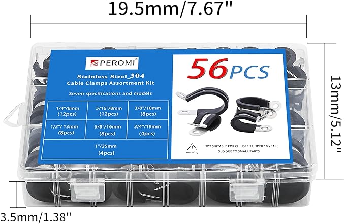56PCS Double Cable Clamps Assortment Kit in 7 sizes: 1/4", 5/16", 3/8", 1/2", 5/8", 3/4", 1" P Clamps, 304 Stainless Steel Rubber Cushioned Insulated Clamp, Pipe Clamps, Wire Loom Clips By PEROMI