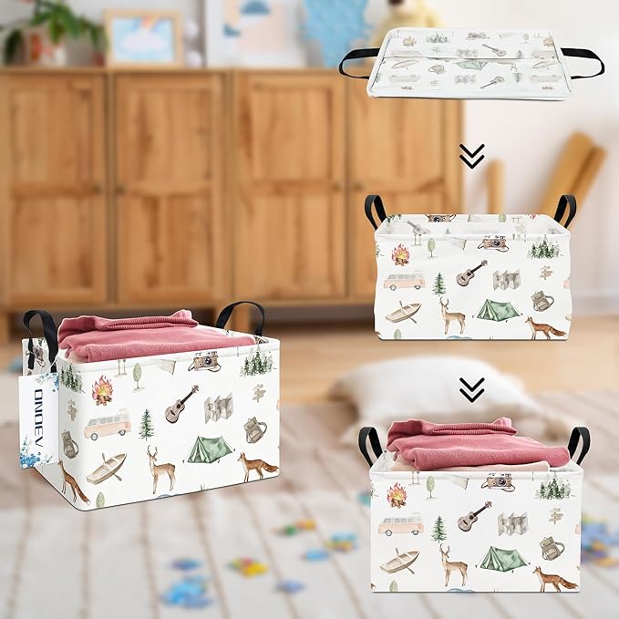 Rectangular Folding Laundry Basket, Waterproof Canvas Basket, Gift Basket, Suitable for Children's Room, Office, Clothes, Toy Storage (Outdoor Adventure)