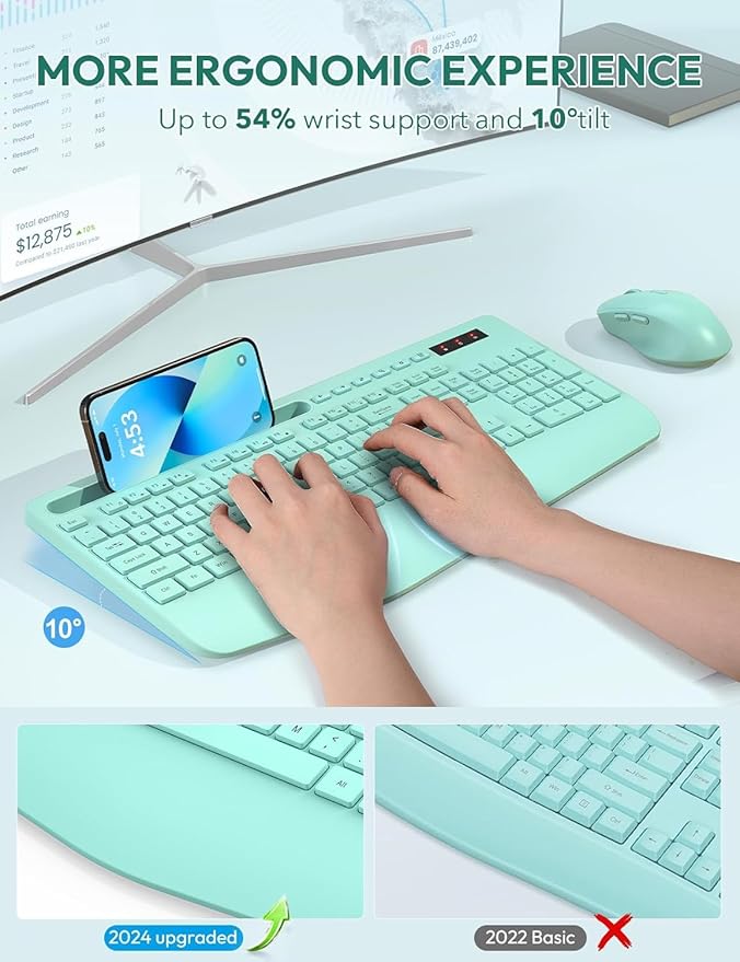 SABLUTE Wireless Keyboard and Mouse, Wrist Rest, Phone Holder, Batteries Included, 2.4G Lag-Free Ergonomic Keyboards Mouse Combo, Silent Keyboard Cordless Set for PC, Laptop, PC, Windows, Mint Green