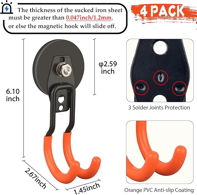 ULIBERMAGNET New Upgraded Garage Strong Magnetic Hooks, 4 Pack Heavy Duty Large J Hooks with Magnet, Anti-Slip Coating Magnet Hooks for Garden Tools, Ropes,Drill