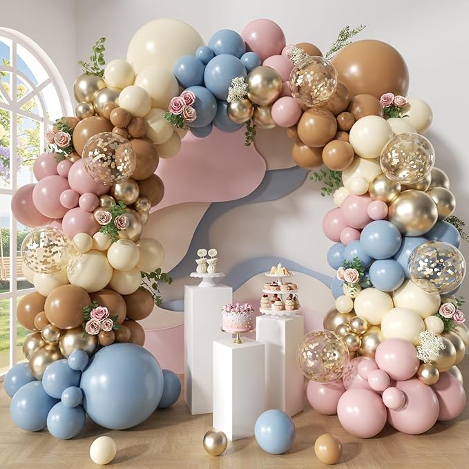 Woaipati 148-Piece Dusty Pink Blue Brown Yellow Balloon Arch Garland Kit, Retro Pink Dusty Blue Brown Pastel Yellow Gold Confetti Balloons for Baby Shower Wedding Engagement Birthday Party Decorations