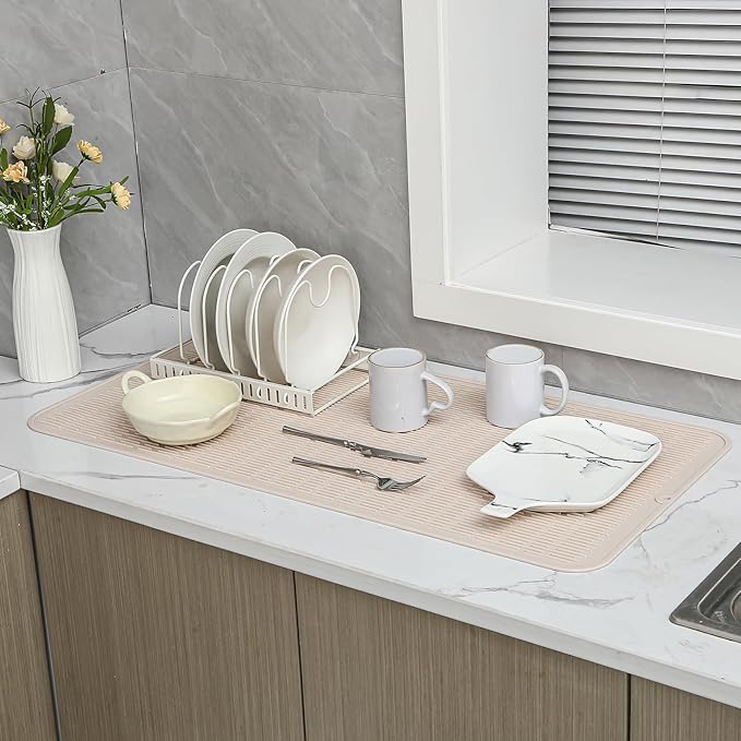 MicoYang Silicone Dish Drying Mat for Multiple Usage, Easy clean, Eco-friendly, Heat-resistant Silicone Mat for Kitchen Counter or Sink, Refrigerator or Drawer Liner Tapioca 5XL 36inches x 18inches