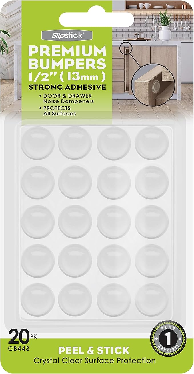 Slipstick Premium Cabinet Door Bumpers 1/2” Round Clear Adhesive Pads, Cabinet Stoppers, Rubber Bumpers for Drawers, Cupboards, Cutting Boards, Glass Tops, Picture Frames, Furniture, 20 Dampers