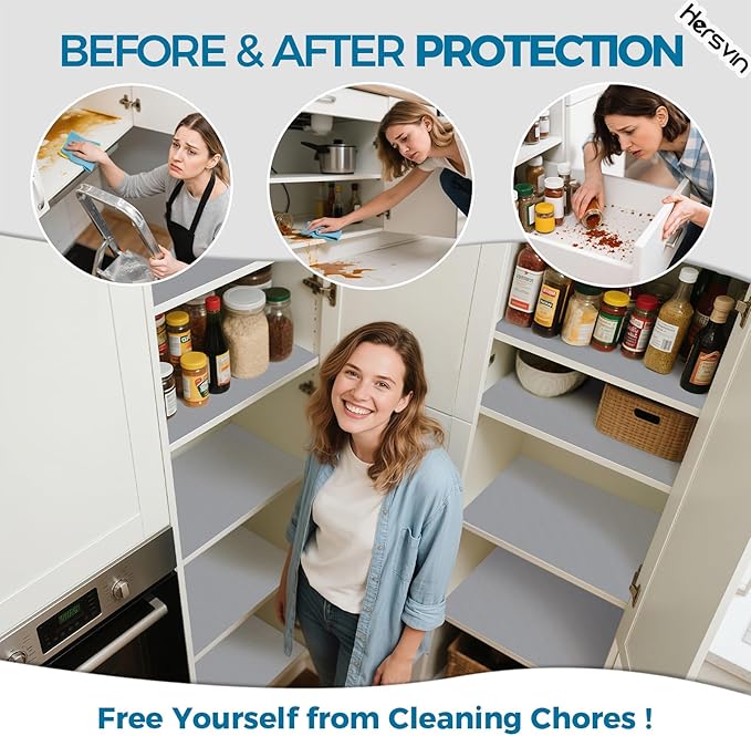Hersvin Shelf Liners, 12in x 20ft Kitchen Drawer Mats, Non-Adhesive EVA Cupboard Protector, Cabinet Lining (Light Gray/Dot)