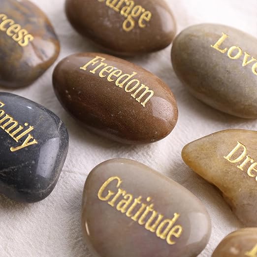 BigOtters Engraved Inspirational Stones, 10 Different Words Encouragement Amulets Gift Stones for Friends and Family as Meditation Decorations Birthday or Holiday Graduation Gift (Pack of 2)