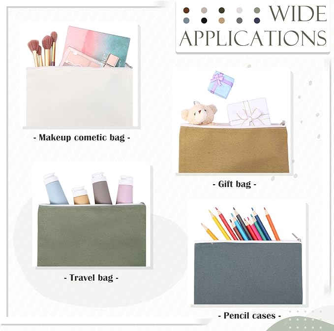 Reginary 10 Pcs Valentines Canvas Makeup Bags Bulk for Women Travel Toiletry Cosmetics Bags Blank DIY Pencil Pouch, Gift for Valentines Patrick's Day Wedding Bridal Shower Coworker (Plain Color)