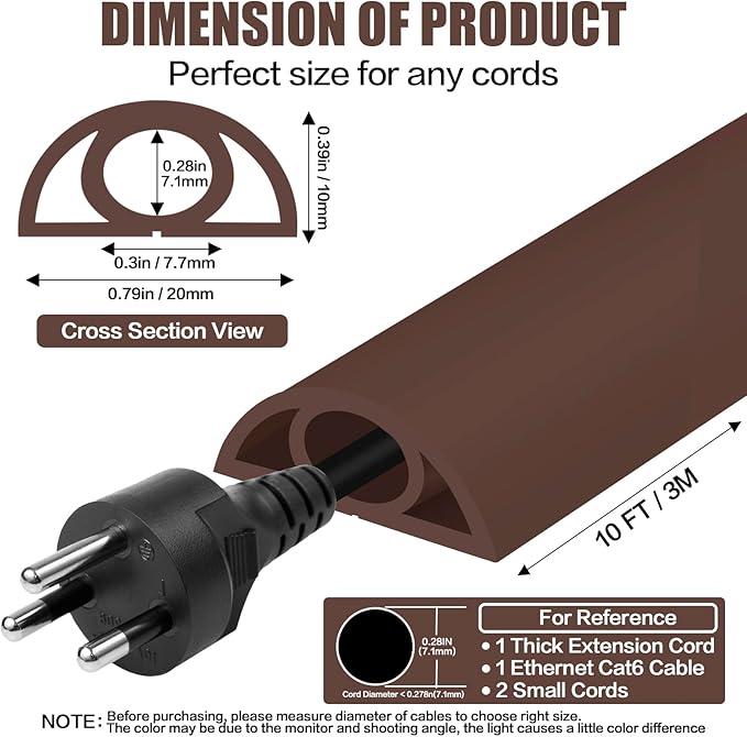 Floor Cord Cover Self Adhesive Cord Hider, 10FT Cable Management, Extension Strip Protector for Wires, Prevent Cable Trips for Offices, Gyms, Exhibitions Cavity: 0.3"(W) x 0.28"(H) Coffee
