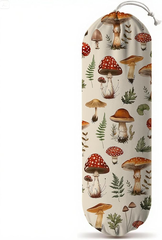 Plastic Bag Holder, Grocery Bag Organizer Storage, Kitchen Dispenser Holders Reusable Shopping with Adjustable Drawstring Closure for Kitchen Farmhouse Decor, Mushroom