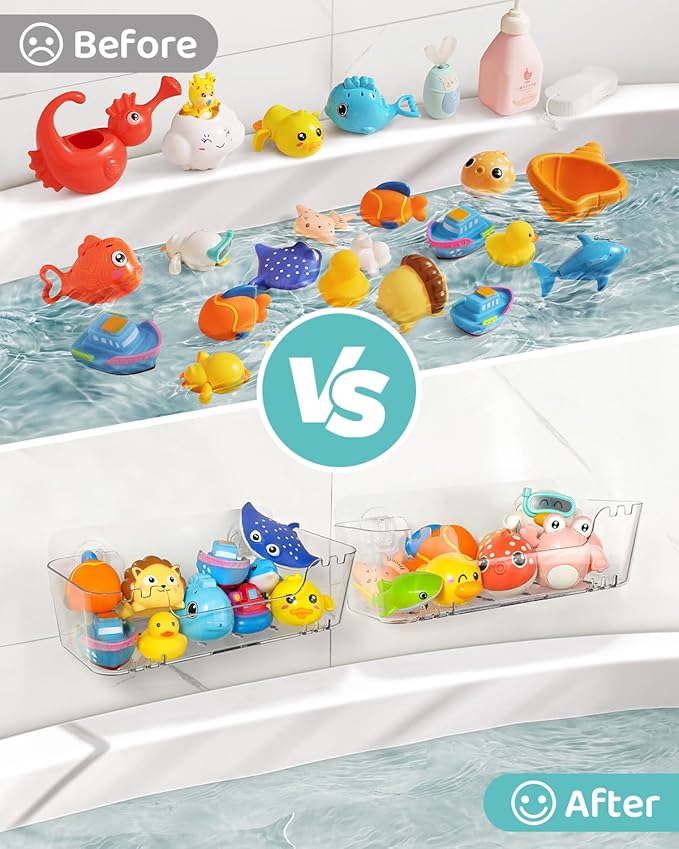 Bath Toy Storage Organizer 2 Pack, Transparent Bath Toy Holder with Drain Holes, Durable Plastic Bathtub Toy Storage for Bathroom, Quick-Dry Drainable Shower Caddy, Easy to Clean and Install