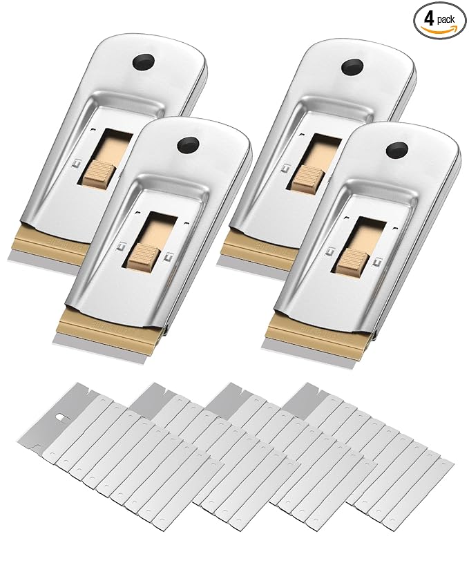 Bates- Metal Razor Blade Scraper Tool, 4 Pack, 40 Extra Carbon Steel Blades, Stainless Steel Heavy-Duty Cleaning Razor Scraper Tool