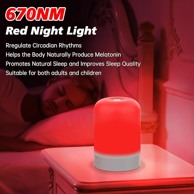 Red Light Therapy Lamp for Sleep & Relaxation – 670nm Bedside Night Light with Touch Control, Dimmable LED Lamp for Bedroom | Cordless, Rechargeable, Portable Design for Travel & Home Use
