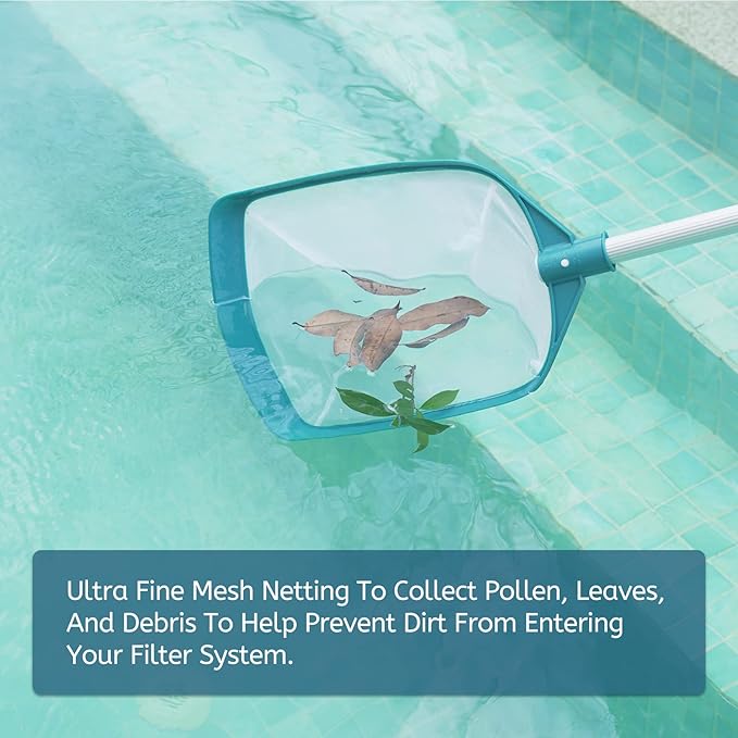 POOLWHALE Upgrades Swimming Pool Leaf Net Skimmer Rake with Adjustable Aluminum Pole and Nylon Medium Fine Mesh for Cleaning Swimming Pools, Hot Tubs, Spas and Fountains