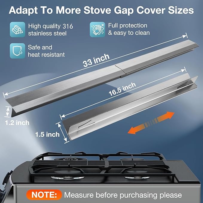 Eveanro 2PCS Kitchen Stove Counter Gap Covers, Stainless Steel Gap Cover, Cooktop Trim Kit, Stove Gap Guards, Oven Gap Filler, Heat Resistant & Effectively Protect Stove Gap Filler 16.5-33inch Silver