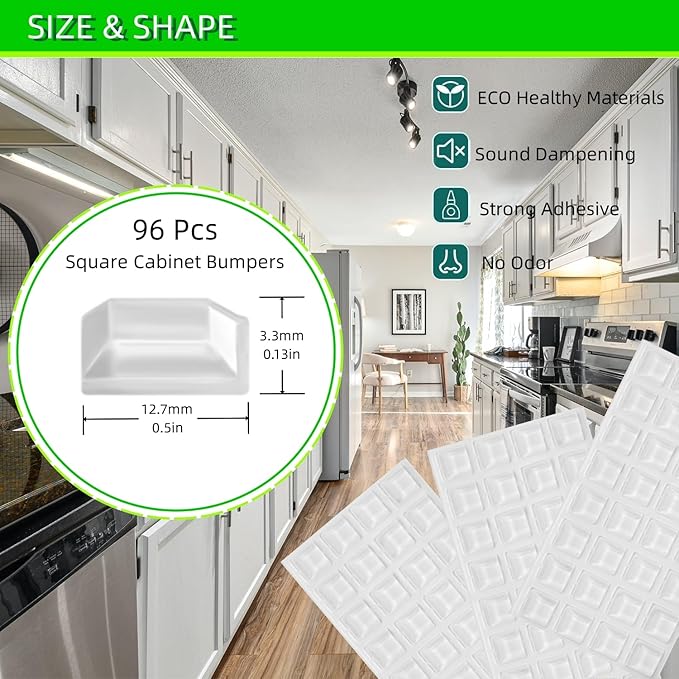 Furnigear Cabinet Bumpers Soft Self-Adhesive Clear Rubber Bumper - Cabinet Door Bumpers Dots Clear Cabinet Stoppers Furniture Noise Reducing Silicone Rubber Bumper Extremely Durable (96 Pcs)