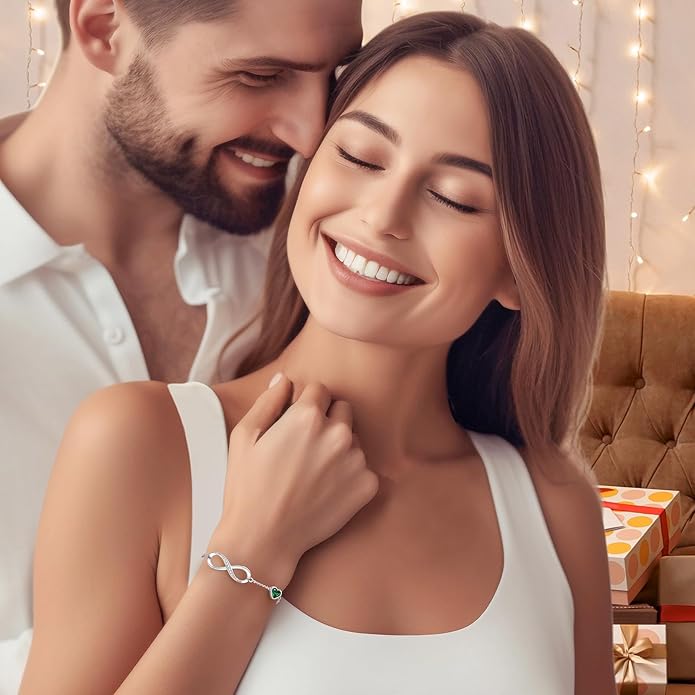 CDE Infinity Heart Birthstone Charm Link Bracelet for Women 925 Sterling Silver Adjustable Mother's Day Gift Anniversary Birthday Jewelry for Wife Girlfriend Her