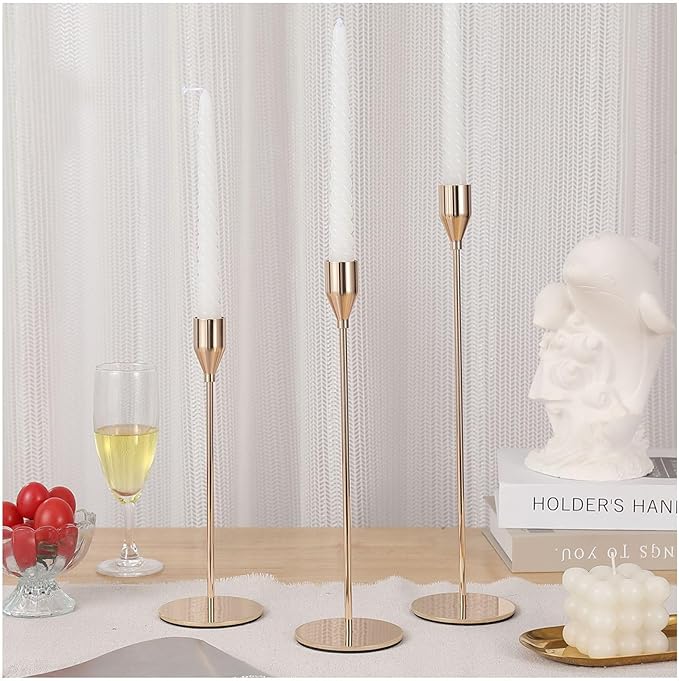 3Pcs French Gold Candlestick Holders Set Fit 3/4" Tall Taper Candle Home Decorative Table Centerpieces for Family Dinning, Party Decoration