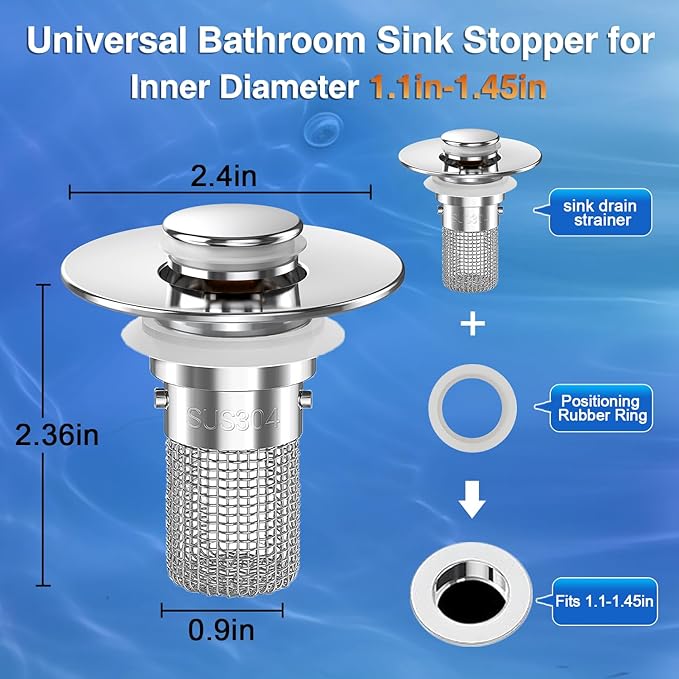 Sink Stopper Hair Catcher, Pop-up Sink Drain Strainer with Removable Stainless Steel Strainer Basket Hair Catcher, Bathroom Sink Strainer for Bathroom Sink Stopper Replacement (3PCS)
