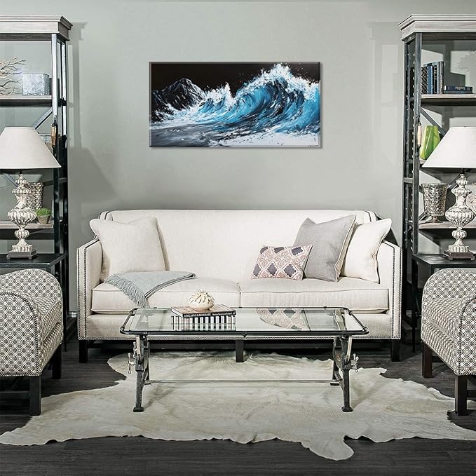 ZESTRILIA Waves Wall Art Blue Sea Oil Painting Reproduction Print Modern Wave Abstract Canvas Paintings Waterproof Artwork Picture for Living Room Bedroom Home Office Kitchen Décor (23x46inch)