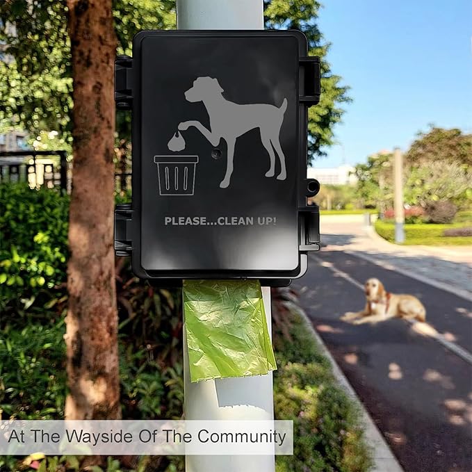 Dog Poop Bag Dispenser Wall Mounted Waterproof Outdoor Pet Waste Bags Dispenser Station with Cute Doggie Poo Images Post, Pole, Fence Mountable fits Home, Porch, Patio, Yard (Black, Dispenser Only)