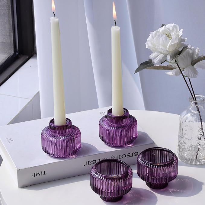 Woho Purple Candlestick Holders Set of 4 for Halloween Decorations, Ribbed Glass Taper Candle Holders for Thanksgiving/Christmas, Vintage Candle Sticks Holder Decor for Fall Wedding Table Centerpiece