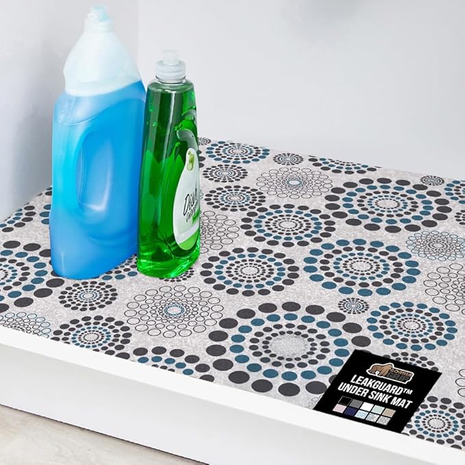 GORILLA GRIP LeakGuard Non-Adhesive Under Sink Mat for Kitchen Cabinet, 24x50, Waterproof Quick Dry Shelf Liner, Durable Absorbent Felt Mats for Bathroom Sink, Cabinets, Dresser, Spiral Gray Turquoise