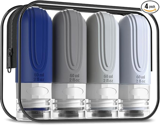 Mrsdry Travel Bottles for Toiletries, Tsa Approved 2oz Travel size Bottles, BPA Free Leak Proof Travels Toiletry Containers, Traveler Accessories with Toiletry Bag for Shampoo Liquid (4 Pack)