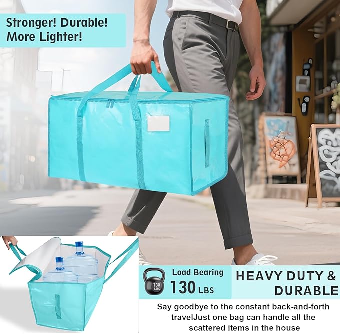 16 Pack - Extra Large Heavy Duty Moving Bags - Waterproof Storage Totes with Handles & Zippers, Foldable for College Dorm, Storage (lake blue)