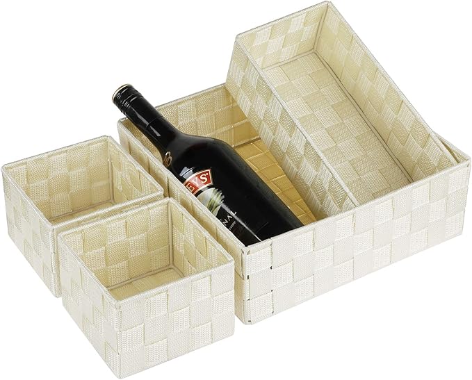 Posprica Woven Storage Baskets for Organizing, Small Black Baskets Cube Bin Container Tote Organizer Divider for Drawer, Closet, Shelf, Dresser, Set of 4 (Beige)
