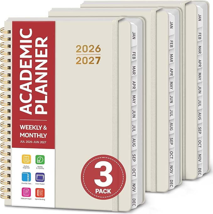 Planner 2026-2027 for Women & Men, Set of 3, Academic Monthly and Weekly Calendar Planner, Jul 2026 - Jun 2027, A5 (6.3" x 8.5"), Teacher Student Planning Book with Tabs, Ideal for Office School Supplies - 3 Beige