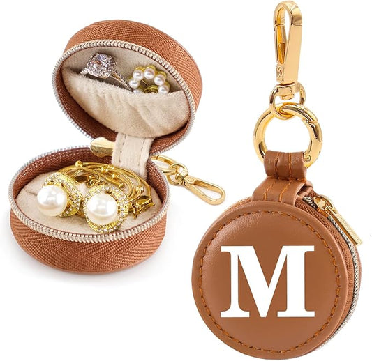 Mini Initial Travel Jewelry Case Ring Holder, Brown Faux Leather Small Jewelry Organizer Box Gifts for Women Girls Nurse Teacher, Gym Travel Accessories Keychain Pouch for Earrings Rings Necklace M