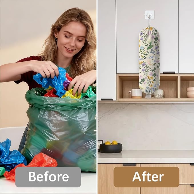 Floral Plastic Bag Holder Dispenser, Plastic Grocery Bag Organizer & Wall Mount Paper Trash Bags Saver Storage for Kitchen Home Pantry Decor, Shopping Bags Storage Dispenser