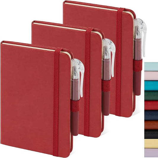 Small Leather Notebook Journal Notepad with Pen for Writing Women, Mini Pocket Small Notepad Lined Address Note Book Note Pads for Work Travel, Red Waterproof Leather Cover Notebook