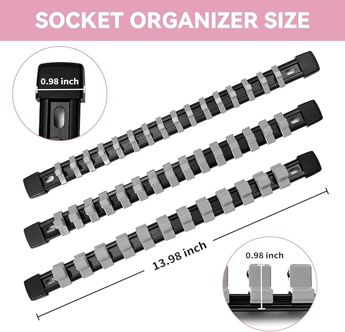 12-Piece Socket Organizer Set - 1/4-Inch x 64 Clips, 3/8-Inch x 60 Clips, 1/2-Inch x 48 Clips, Heavy Duty ABS Socket Holder, Premium Quality Socket Clip Rail Holder for Tool Box Drawer