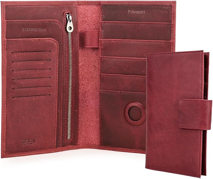 CONTACTS Full Grain Leather Family Passport Holder for 4 Women Airtag Passport Wallet RFID Blocking Travel Passport Cover with 4 Passport Slots, 6 Card Slots (Red)