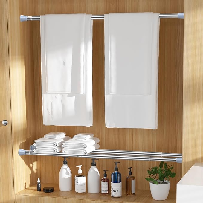Tension Curtain Rod for Windows 27 to 50 Inch，Silver Spring Tension Rods short curtain rod Adjustable Spring Rod Extendable Tension Rod for Kitchen, Bathroom, Window, Bookshelf.