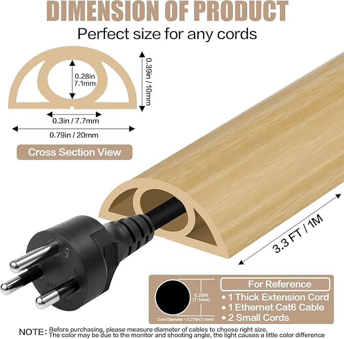 Floor Cord Cover Self Adhesive Cord Hider, 3.3FT Cable Management, Extension Strip Protector for Wires, Prevent Cable Trips for Offices, Gyms, Exhibitions Cavity: 0.3"(W) x0.28(H) WoodLightyellow