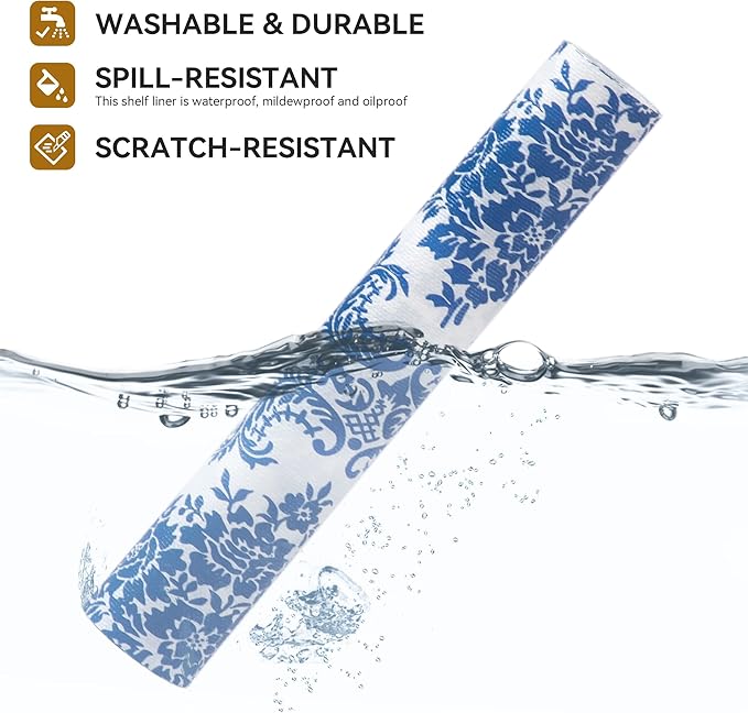 RAY STAR Shelf Liner, Non Adhesive Vintage Navy Blue Floral Kitchen Cabinet Liner for Pantry Drawer Vanity, Strong Grip Non Slip, Shelf Liners for Kitchen Cabinets Cupboard 18 Inch x 8 FT (3 Rolls)