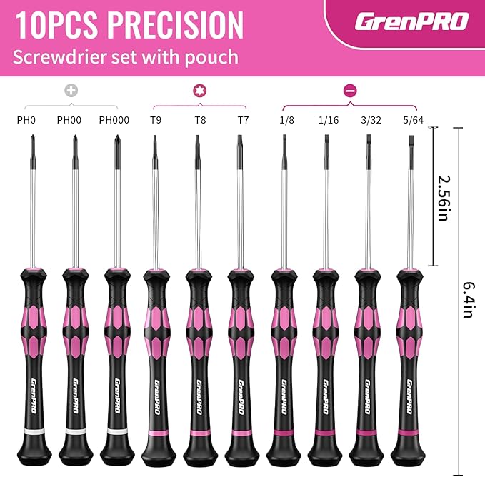 10-Piece Precision Screwdriver Set, Magnetic Small Screwdrivers with Phillips, Slotted, Torx Star for Eyeglass, Watch, Computer, Laptop, Phone, Pink
