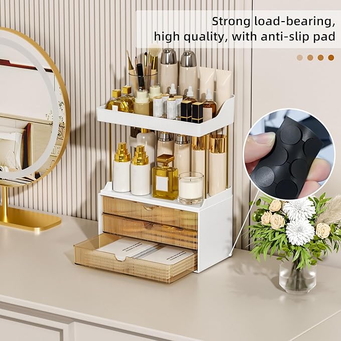 5 Tier 3 Drawers Makeup Organizer, 2 Set Bathroom Organizers and Storage,Cosmetic Storage Drawer for Dresser Countertop and Bathroom Vanity for Large Skincare, Perfume, Amber
