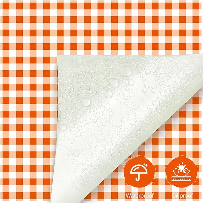 100pcs Waxed Deli Paper Sheets, 7x7" Food Basket Liners for Sandwiches, Burgers. Classic Checkered Deli Wrap Wax Paper Sheets by Neyimqr (Orange)