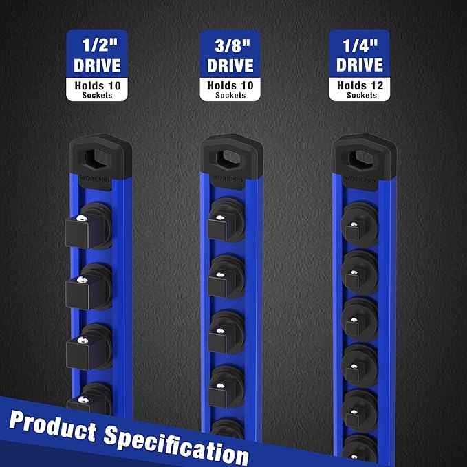 WORKPRO Magnetic Socket Organizer, 3/8-Inch Drive Aluminum Alloy Socket Rail, Heavy Duty Socket Holder, Socket Rack Kit 3/8-Inch x 10 Clips (Blue)