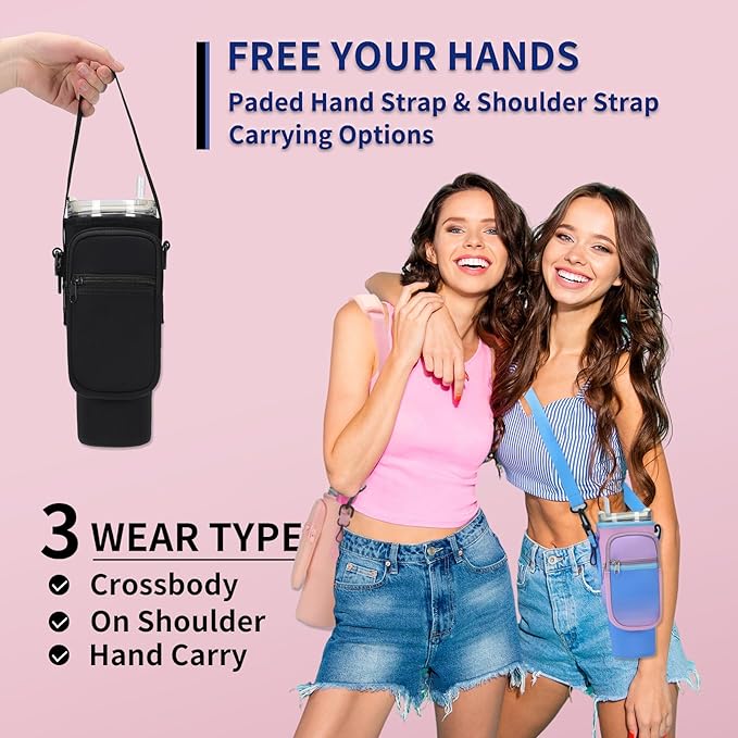 GOEWY Water Bottle Carrier Bag for Stanley 40/30 oz Tumbler with Phone Pocket Neoprene Water Bottle Holder with Shoulder & Handheld Strap Stanley Cup Accessories